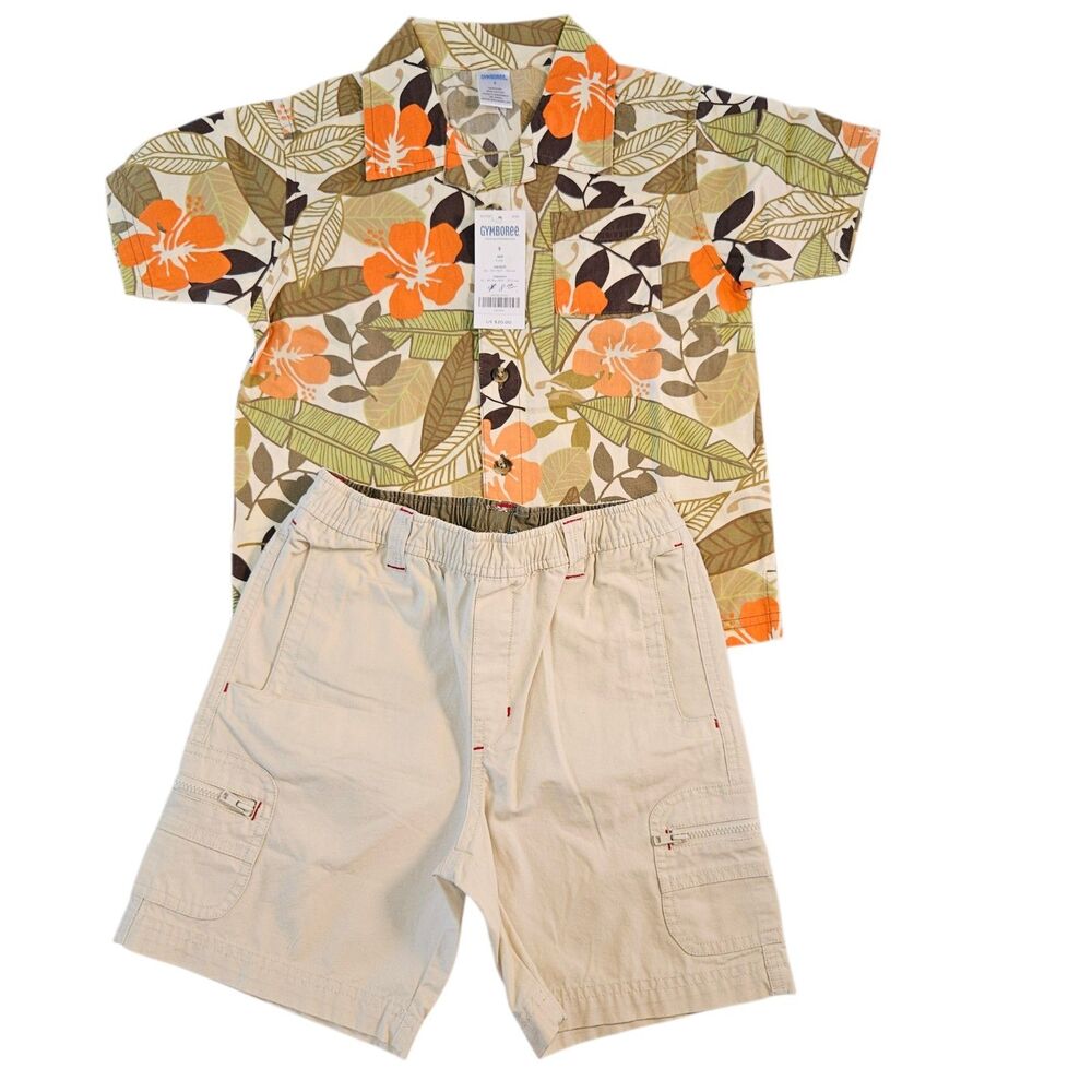 Gymboree Hawaiian Shirt & Khaki Shorts Set Boys Size 5 Orange Hibiscus Flowers